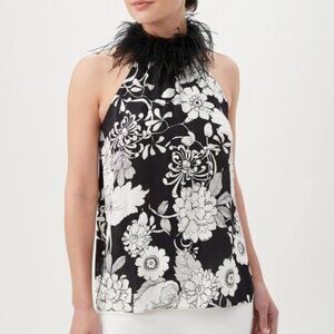 Trina Turk 'Grand' Feather-Neckline Sleeveless Floral-Print Top, Black/White